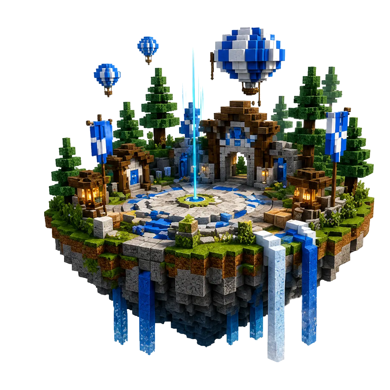 Minecraft-inspired floating Blue Events arena